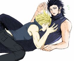 2boys artist_collaboration black_hair black_pants black_vest blonde_hair blue_eyes blue_pants blue_shirt blush closed_eyes cloud_strife cross_scar facial_scar feet_out_of_frame final_fantasy final_fantasy_vii final_fantasy_vii_advent_children hair_slicked_back highres kaden_ff7 male_focus medium_hair midriff_peek multiple_boys muscular muscular_male open_mouth pants pectoral_grab scar scar_on_cheek scar_on_face shinogu_r shirt short_hair sideburns sleeveless sleeveless_turtleneck spiked_hair sweatdrop turtleneck vest white_background yaoi zack_fair