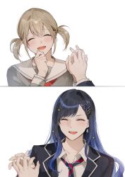 2girls azusawa_kohane black_jacket blue_hair brown_hair closed_eyes collared_shirt commentary fresa_pie gradient_hair grey_shirt hair_ornament hairclip highres interlocked_fingers jacket kamiyama_high_school_uniform_(project_sekai) long_sleeves miyamasuzaka_girls&#039;_academy_school_uniform multicolored_hair multiple_girls neckerchief open_mouth project_sekai red_neckerchief sailor_collar school_uniform serafuku shiraishi_an shirt short_hair short_twintails simple_background star_(symbol) star_hair_ornament symbol-only_commentary twintails white_background white_sailor_collar white_shirt yuri