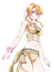 1girl artist_name bikini blue_eyes blush breasts cleavage curtained_hair earrings hair_between_eyes hair_bun jewelry karja_balta large_breasts looking_at_viewer midriff navel parted_bangs sideburns simple_background solo swimsuit white_background wrist_flower wristband xiacheng_tatsuya ys ys_x:_nordics