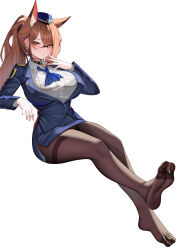 1girl absurdres animal_ears arknights blush breasts brown_eyes brown_hair feet flight_attendant franka_(arknights) glasses highres lahz52 large_breasts long_hair looking_at_viewer miniskirt pantyhose parted_lips ponytail skirt soles toes travel_attendant
