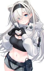 1girl absurdres animal_ears arknights aurora_(arknights) bear_ears bear_girl black_hairband black_sports_bra blue_eyes blush breasts cleavage closed_mouth cowboy_shot extra_ears grey_shorts hairband hands_up heart heart_hands highres large_breasts long_hair looking_at_viewer midriff nameko_houshi navel shorts shrug_(clothing) simple_background smile solo sports_bra white_background white_hair white_shrug