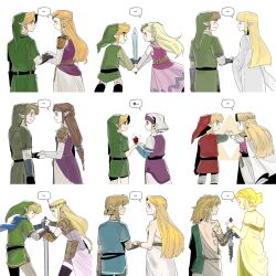... 6+boys 6+girls archaic_set_(zelda) armor armored_dress blonde_hair blue_tunic brown_hair dress green_tunic highres holding holding_sword holding_weapon hyrule_warriors link master_sword multiple_boys multiple_girls multiple_persona nintendo pointy_ears princess_zelda purple_dress scarf senzo6700 speech_bubble spoken_ellipsis sword the_legend_of_zelda the_legend_of_zelda:_a_link_between_worlds the_legend_of_zelda:_breath_of_the_wild the_legend_of_zelda:_ocarina_of_time the_legend_of_zelda:_skyward_sword the_legend_of_zelda:_tears_of_the_kingdom the_legend_of_zelda:_the_wind_waker the_legend_of_zelda:_twilight_princess toon_link toon_zelda triforce tunic turban weapon white_dress young_link young_zelda