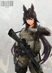 1girl absurdres alternate_costume ammunition_pouch animal_ears arm_up artist_name barcode bipod black_bodysuit blue_eyes bodysuit brown_gloves brown_hair bulletproof_vest camouflage camouflage_background camouflage_jacket camouflage_pants chinese_commentary closed_mouth collarbone commentary_request cowboy_shot dark-skinned_female dark_skin ear_ornament earrings gloves gun gun_sling highres holster horse_ears horse_girl jacket jewelry khaid_shiden load_bearing_vest long_hair long_sleeves m110_sass military_combat_uniform military_uniform pants pouch rifle sample_watermark scope sidelocks single_earring smile sniper_rifle solo split_ponytail symboli_kris_s_(umamusume) tactical_clothes tan thigh_holster too_many_watermarks umamusume walkie-talkie watermark weapon woodland_camouflage