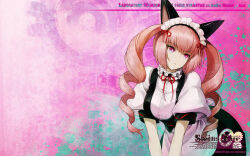 akiha_rumiho animal_ear_hairband animal_ears apron arm_support back_bow black_skirt bow buttons cat_ears collar dress drill_hair fake_animal_ears frilled_collar frilled_dress frilled_hairband frills hair_between_eyes hairband huke long_hair long_skirt looking_to_the_side maid maid_apron maid_headdress mayqueen_maid_uniform official_art parted_lips pink_eyes pink_hair pink_lips puffy_short_sleeves puffy_sleeves red_ribbon ribbon ribbon-trimmed_collar ribbon-trimmed_corset ribbon-trimmed_hairband ribbon-trimmed_sleeves ribbon_trim ringed_eyes science_adventure shiny_lips short_sleeves skirt square_pupils steins;gate teeth tsurime twin_drills twintails v_arms white_apron white_bow white_dress wrist_cuffs