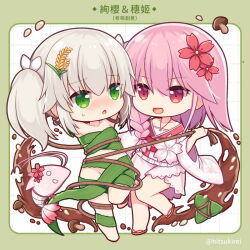 2girls :d :o blush border braid chibi chocolate commentary_request dong-jin_rice-hime food food_on_body green_border green_eyes grey_hair grid_background hair_ribbon hitsuki_rei japanese_clothes kimono long_hair long_sleeves multiple_girls nose_blush obi open_mouth parted_lips pink_hair red_eyes ribbon rope sash sergestid_shrimp_in_tungkang shrimp single_braid small_sweatdrop smile suiji sweat translation_request twintails wheat white_background white_kimono white_ribbon wide_sleeves xuan_ying zongzi