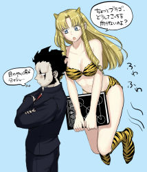 Rule 34 | 1girl, :o, alternate species, bikini, black hair, black jacket, black pants, blonde hair, blue background, blue eyes, blush, book, boots, brago (konjiki no gash!!), cone horns, cosplay, crossed arms, drill hair, embarrassed, facial mark, floating, frown, gakuran, highres, holding, holding book, horns, jacket, knee boots, konjiki no gash!!, long hair, long sleeves, lum, lum (cosplay), moroboshi ataru, moroboshi ataru (cosplay), navel, oni, ozaki (tsukiko3), pants, pointy ears, print bikini, print footwear, ringlets, school uniform, sherry belmont, side drill, sideburns, simple background, speech bubble, spiked hair, strapless, strapless bikini, swimsuit, thought bubble, tiger stripes, twin drills, urusei yatsura, yellow bikini, yellow boots