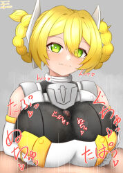 Rule 34 | 1girl, 30 minutes sisters, absurdres, armor, blonde hair, blush, clothed female nude male, clothed paizuri, clothed sex, green eyes, highres, nude, paizuri, sigumaster35, smile, yufia