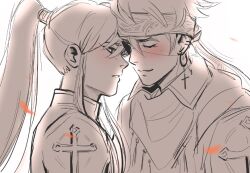 2boys andythelemon blush closed_eyes cross d.gray-man earrings eyebrows eyelashes eyepatch forehead-to-forehead headband heads_together jewelry kanda_yuu lavi long_hair looking_at_another multiple_boys one_eye_covered piercing ponytail yaoi