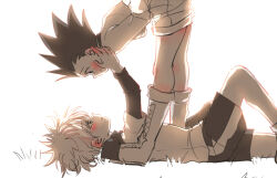 2boys artist_request bare_legs bent_over blush boots caressing cat child gon_freecss grass hunter_x_hunter jacket killua_zoldyck legs lying madhouse multiple_boys shirt shounen_jump smile spiked_hair standing yaoi