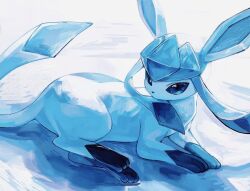 Rule 34 | animal hands, blue eyes, blue fur, blue sclera, colored sclera, commentary, creatures (company), game freak, gen 4 pokemon, glaceon, hashtag-only commentary, kodak painter, looking to the side, lying, nintendo, no humans, no mouth, no pupils, pokemon, pokemon (creature), pokemon focus, shadow, sidelocks, solo