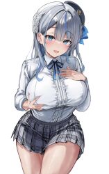 Rule 34 | 1girl, amagai ruka, beret, blue eyes, blue streaks, blush, braid, breast suppress, breasts, cowboy shot, dress shirt, frilled shirt, frills, grabbing own breast, grey hair, hat, head tilt, highres, large breasts, leaning forward, long sleeves, looking at viewer, miniskirt, multicolored hair, neck ribbon, open mouth, plaid clothes, plaid skirt, ribbon, shirt, shirt tucked in, simple background, skirt, smile, solo, streaked hair, virtual youtuber, weather planet, white background, white shirt, ya ta