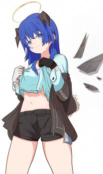 Rule 34 | 1girl, arknights, asymmetrical gloves, black gloves, black jacket, black shorts, blue eyes, blue shirt, blush, brown horns, closed mouth, clothes lift, commentary, cowboy shot, detached wings, fur trim, gloves, grey gloves, halo, highres, higurashi-pc (higurashi2024), horns, jacket, lifting own clothes, long sleeves, looking at viewer, medium hair, midriff, mismatched gloves, mostima (arknights), navel, off shoulder, purple hair, shirt, shirt lift, short shorts, shorts, simple background, smile, solo, standing, torn clothes, torn shirt, traditional halo, white background, wings, yellow halo