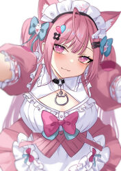 aqua_bow bandaid bandaid_hair_ornament belt bow cat_choker cat_girl chest_bow choker crossed_bandaids dress fish_hairpin ghost_hair_ornament hair_ornament heart heart_hair_ornament highres indie_virtual_youtuber o-ring o-ring_choker pink_belt pink_dress ten-chan_(eternal_s) wing_hair_ornament wing_hairpin yuuki_sakuna