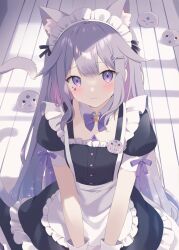 1girl alternate_costume animal_ears apron bell blush bow cat_ears cat_girl cat_tail chest_jewel dress face_jewel gem gem_hair_ornament gloves highres holoadvent hololive hololive_english jewel_under_eye kneeling koseki_bijou long_hair loveyuzu maid maid_apron maid_headdress multicolored_gemstone pebble_(koseki_bijou) purple_eyes purple_gemstone purple_hair solo tail virtual_youtuber white_gloves wooden_floor