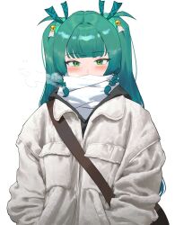 1girl absurdres alternate_costume bag bell black_hoodie blunt_bangs blush braid breath brown_bag covered_mouth green_eyes green_hair green_ribbon grey_jacket hair_bell hair_ornament hair_ribbon hands_in_pockets highres hood hood_down hoodie jacket jacket_over_hoodie jingle_bell long_hair long_sleeves looking_at_viewer qingyi_(zenless_zone_zero) ribbon scarf shoulder_bag simple_background solo twin_braids twintails upper_body white_background white_scarf wonbin_lee zenless_zone_zero