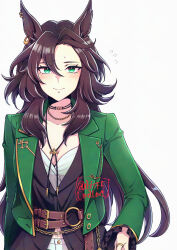 1girl adversarial_noise animal_ears belt black_shirt bolo_tie breasts brown_hair closed_mouth ear_piercing flying_sweatdrops green_jacket hi_(ibisf5umauma) highres horse_ears jacket jewelry long_hair long_sleeves looking_at_viewer navel necklace o-ring o-ring_belt open_clothes open_jacket piercing ring shirt simple_background small_breasts smile solo speed_symboli_(umamusume) sweatdrop twitter_username umamusume upper_body white_background
