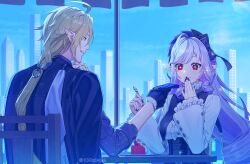 106bbkwii 1boy 1girl arm_out_of_sleeve black_gloves black_jacket black_nails blonde_hair blue_sky bow bowtie breast_curtains cake center_frills cityscape collar ear_piercing earrings eating food frilled_collar frilled_sleeves frills gloves gold_ring hairband half_gloves handkerchief holding holding_handkerchief holding_utensil hugo_vlad jacket jewelry long_hair long_sleeves mole mole_under_eye multiple_rings piercing pointy_ears purple_bow purple_bowtie purple_hair purple_hairband purple_shirt red_eyes ring ring_hair_ornament shirt single_glove sitting sky sparkle sparkling_eyes striped_clothes striped_shirt table twitter_username vivian_(zenless_zone_zero) white_shirt wide_sleeves zenless_zone_zero