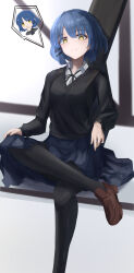 1girl absurdres achun black_cardigan black_pantyhose black_ribbon blue_hair blue_skirt bocchi_the_rock! brown_shoes cardigan commentary_request crossed_legs earrings from_below guitar_case hair_ornament hairclip hand_on_own_face hand_on_own_knee highres instrument_case jewelry light_frown loafers long_sleeves looking_at_viewer mole mole_under_eye neck_ribbon pantyhose parallel_hairclips pleated_skirt ribbon shirt_tucked_in shoes short_hair simple_background sitting skirt stud_earrings yamada_ryo yellow_eyes