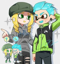 Rule 34 | 1boy, 1girl, ?, arm behind head, black jacket, black pants, blonde hair, blue hair, blush, chibi, chibi inset, closed eyes, closed mouth, commentary, green eyes, green headwear, green jacket, grey background, grey hoodie, hat, hg swdiary, highres, hood, hoodie, inkling, inkling boy, inkling girl, inkling player character, jacket, long hair, multicolored jacket, nintendo, open mouth, pants, pointing, pointy ears, print hoodie, red eyes, short hair, simple background, smile, splatoon (series), spoken question mark, spoken sparkle, standing, sweat, symbol-only commentary, tentacle hair, thick eyebrows, torn clothes, torn pants, two-tone jacket, zipper, zipper pull tab