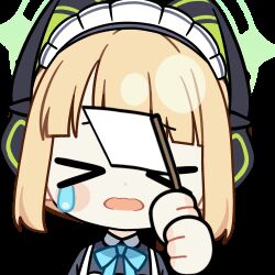 Rule 34 | &gt; &lt;, 1girl, animal ear headphones, animal ears, animated, animated gif, apron, aqua bow, aqua bowtie, black dress, blonde hair, blue archive, blunt bangs, blunt ends, blush stickers, bow, bowtie, cat ear headphones, cat ears, chibi, chunye haruya, closed eyes, collared dress, commission, contrast collar, crying, dot nose, dress, facing viewer, fake animal ears, flag, green halo, halo, headphones, holding, holding flag, lowres, maid, maid apron, maid headdress, midori (blue archive), midori (maid) (blue archive), missing commentary, official alternate costume, official alternate hairstyle, open mouth, ponytail, second-party source, short hair, sidelocks, simple background, solo, tears, transparent background, upper body, waving flag, wavy mouth, white apron, white flag, white headdress