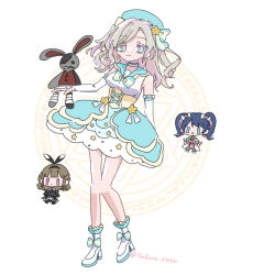 3girls :o bare_shoulders beret black_dress black_gloves black_hairband blue_eyes blue_hair blue_hat blue_shoes blue_skirt bow breasts brown_hair ceras_yanagida_lilienfeld ceras_yanagida_lilienfeld_(mahou_shoujo_rhythmic_heart) chibi chibi_inset detached_sleeves dress earrings elbow_gloves full_body gloves grey_hair hair_bow hair_ornament hairband half_updo hat hat_ornament heart heart_earrings heart_hair_ornament high_heels jewelry kachimachi_kosuzu kachimachi_kosuzu_(mahou_shoujo_rhythmic_heart) link!_like!_love_live! long_hair looking_at_viewer love_live! magic_circle magic_circle_background magical_girl medium_breasts multicolored_hair multiple_girls murano_sayaka murano_sayaka_(mahou_shoujo_rhythmic_heart) official_alternate_costume parted_lips purple_hair sakura_rnkr shirt shoes skirt sleeveless sleeveless_shirt socks star_(symbol) star_earrings star_hat_ornament streaked_hair stuffed_animal stuffed_rabbit stuffed_toy twintails underbust virtual_youtuber white_background white_shirt white_sleeves white_socks yellow_corset