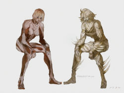 2girls arm_rest barbariccia barefoot blue_eyes closed_mouth comparison crossover exposed_muscle female_titan final_fantasy final_fantasy_xiv full_body hair_between_eyes leaning_forward looking_at_viewer medium_hair multiple_girls nude q6q6tikin shingeki_no_kyojin simple_background sitting spikes titan_(shingeki_no_kyojin) trait_connection twitter_username white_background