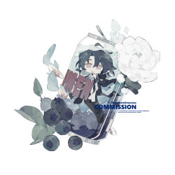 1boy absurdres ahoge arknights black_hair book bottle chibi flower food fruit full_body highres in_container long_sleeves male_focus monota02 pants pointy_ears solo white_background white_flower