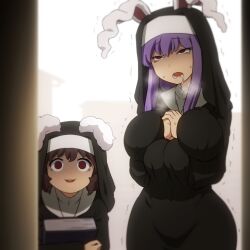 2girls :3 :d animal_ears black_dress bloom blurry book breasts brown_hair deep_skin depth_of_field dress drooling floppy_ears habit half-closed_eyes holding holding_book huge_breasts inaba_tewi looking_at_viewer lower_teeth_only multiple_girls nun open_mouth overexposure purple_hair rabbit_ears red_eyes reisen_udongein_inaba shirosato short_hair sidelocks smile sweat teeth touhou traditional_nun trembling upper_teeth_only what wide-eyed