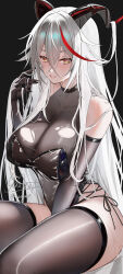 1girl absurdres aegir_(azur_lane) arm_strap azur_lane bare_shoulders between_legs black_gloves black_leotard blush breasts cleavage commentary_request cross-laced_clothes cross-laced_leotard dragon_girl dragon_horns elbow_gloves gloves grin hand_between_legs hand_up highleg highleg_leotard highres hip_focus horns large_breasts leotard long_hair looking_at_viewer multicolored_hair orange_eyes red_hair sanvicept see-through_clothes see-through_leotard see-through_midriff side-tie_leotard sitting smile solo streaked_hair thigh_strap thighhighs thighs two-tone_hair very_long_hair white_hair yellow_eyes