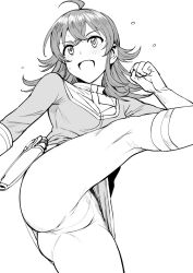 1girl ahoge ass blush crossed_bangs gloves greyscale hair_flaps highres idolmaster idolmaster_shiny_colors kicking komiya_kaho leg_up long_hair long_sleeves monochrome open_mouth pants shirt simple_background smile solo tsurui white_background