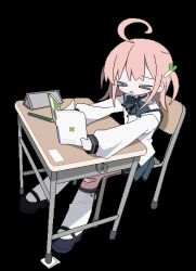 Rule 34 | &gt; &lt;, 1girl, ahoge, animated, animated gif, bandaid, bandaid on knee, bandaid on leg, black shoes, book, bow, bowtie, chair, chibi, closed eyes, daizu (melon-lemon), desk, flying sweatdrops, food-themed hair ornament, full body, glasses, grey bow, grey bowtie, grey skirt, hair ornament, holding, holding book, jaggy lines, kneehighs, long hair, long sleeves, looping animation, mary janes, miniskirt, open book, open mouth, original, over-rim eyewear, pencil, pencil case, pink hair, pleated skirt, school chair, school desk, school uniform, semi-rimless eyewear, shirt, shoes, simple background, sitting, skirt, sleeves past wrists, socks, solo, spring onion hair ornament, stitched, third-party edit, transparent background, two side up, variant set, white shirt, white socks