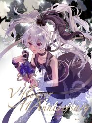 Rule 34 | 1girl, 2025, anniversary, backlighting, bandaged arm, bandages, bare shoulders, black boots, black choker, black flower, black hair, black jacket, black nails, black pantyhose, black scrunchie, black shirt, black skirt, blue flower, blue rose, boots, character name, choker, collarbone, commentary request, cropped jacket, cross-laced clothes, cross-laced top, crossed bangs, dated, detached sleeves, double-parted bangs, emu (marico w), feet out of frame, flat chest, flower, flower (vocaloid), flower (vocaloid3), frilled skirt, frills, from above, gradient eyes, hair between eyes, hair ornament, hair scrunchie, highres, holding, holding microphone stand, jacket, knee boots, leaf, leaning forward, light particles, light smile, long hair, looking at object, medium skirt, microphone stand, multicolored eyes, multicolored hair, nail polish, open clothes, open jacket, open mouth, pantyhose, purple eyes, red eyes, rose, scrunchie, see-through clothes, see-through sleeves, shirt, shoelaces, simple background, single detached sleeve, skirt, sleeveless, sleeveless jacket, sleeveless shirt, solo, tongue, two-tone eyes, two-tone hair, vocaloid, watermark, white background, white flower, white hair