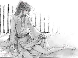 1boy aftersex alternate_hairstyle arm_support bare_legs barefoot bed bed_sheet blush chinese_clothes clothes_lift greyscale half_updo hanfu hickey high_ponytail implied_yaoi indoors lifting_own_clothes long_hair long_sleeves looking_down male_focus modao_zushi monochrome on_bed open_mouth ponytail robe sitting smile solo spot_color sweatdrop twitter_username w2biiro watermark wei_wuxian