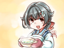 1girl apron black_hair braid commentary_request feet hair_flaps hair_ornament hairclip jingei_(kancolle) jingei_(valentine)_(kancolle) kantai_collection kappougi kutone_shirika long_hair looking_at_viewer low_ponytail oven_mitts ponytail pot red_eyes single_braid smile solo