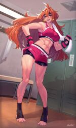 1girl abs absurdres armpits bench bike_shorts bike_shorts_under_shorts buttslayer earrings feet gloves highres jewelry legs lina_inverse locker locker_room long_hair looking_at_viewer muscular muscular_female no_shoes orange_eyes orange_hair shorts slayers solo spread_toes stirrup_legwear sweat tank_top toeless_legwear toenails toes toned towel towel_on_one_shoulder