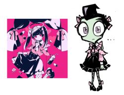 1boy 1girl alien black_hair bow bra candy reference_sheet colored_skin crossdressing darling_dance_(vocaloid) food green_skin heart invader_zim linterteatime lollipop long_hair long_sleeves looking_at_viewer nana_(nou) original pantyhose parted_lips pill pink_bow pink_shirt pink_sleeves purple_background red_eyes shaped_lollipop shirt shoes short_hair skirt skirt_hold sleeveless sleeveless_shirt smile solo symbol-shaped_pupils toon_(style) twintails underwear unworn_bra vocaloid zim_(invader_zim)