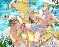 2boys blonde_hair blue_eyes bottle brown_hair cat chain chain_necklace chocobo drinking_straw earrings eni_(yoyogieni) eyewear_hang final_fantasy final_fantasy_viii flower food fruit green_eyes hair_between_eyes hair_slicked_back hibiscus highres innertube jewelry lime_(fruit) lime_slice male_focus male_swimwear moogle multiple_boys necklace parted_lips pool scar scar_on_face scar_on_forehead seifer_almasy short_hair single_earring sparkle squall_leonhart stuffed_animal stuffed_toy sunglasses swim_ring tanning_oil topless_male tropical_drink unworn_eyewear water_gun wet white_male_swimwear yaoi