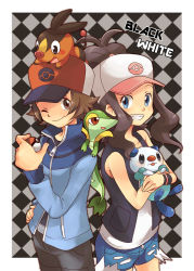 Rule 34 | 10s, 1boy, 1girl, baseball cap, blue eyes, brown eyes, brown hair, cubexcube, gen 5 pokemon, hat, hilbert (pokemon), hilda (pokemon), nintendo, oshawott, pokemon, pokemon (creature), pokemon bw, ponytail, snivy, starter pokemon trio, tepig