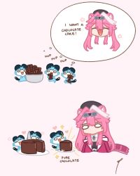 1girl =_= ^_^ animal_ears bare_shoulders beret bowl cake chattino_(raora_panthera) chocolate closed_eyes fang food goggles hair_intakes happy_birthday hat highres hololive hololive_english long_hair multicolored_hair open_mouth panther_ears panther_girl panther_tail pink_hair plate raora_panthera raora_panthera_(1st_costume) sappysque sidelocks smile streaked_hair tail virtual_youtuber white_hair