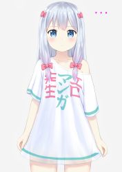 ... 1girl arms_at_sides blue_eyes blush bow closed_mouth clothes_writing collarbone cowboy_shot embarrassed eromanga_sensei grey_background grey_hair hair_bow highres izumi_sagiri kanekan long_hair looking_at_viewer naked_shirt off-shoulder_shirt off_shoulder pink_bow shirt simple_background single_bare_shoulder solo