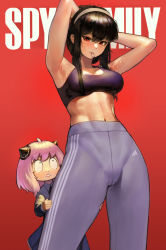 0_0 2girls abs absurdres adidas ahoge anya_(spy_x_family) armpits arms_behind_head black_hair breasts child copyright_name hair_tie_in_mouth hairband highres holding_another&#039;s_leg long_hair looking_at_another looking_at_viewer medium_breasts medium_hair midriff mother_and_daughter mouth_hold mr_tangsuyuk multiple_girls navel pants pink_hair red_background red_eyes sidelocks sports_bra sportswear spy_x_family stomach striped sweat vertical_stripes white_hairband yoga_pants yor_briar