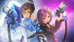 2girls :d black-framed_eyewear black_jacket blue_gloves brown_hair coat collared_shirt commentary_request coreytaiyo dress_shirt full_moon fur-trimmed_hood fur_trim glasses gloves gun hair_ornament hairclip highres holding holding_gun holding_weapon hood hood_down hooded_coat hooded_jacket indie_virtual_youtuber jacket kuroto_yumi long_sleeves mei_(overwatch) moon mountain multicolored_hair multiple_girls open_mouth overwatch overwatch_2 pink_hair puffy_long_sleeves puffy_sleeves purple_eyes purple_hair purple_jacket shirt smile snowing streaked_hair swept_bangs upper_body virtual_youtuber weapon white_coat white_shirt