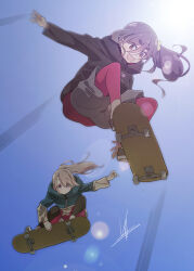 2girls absurdres black_jacket black_leggings blue_sky brown_hair commentary day from_below green_scrunchie grey_hair grey_shorts hair_between_eyes hair_ornament hair_scrunchie highres holding holding_skateboard hood hooded_jacket jacket kiriyama_an leggings lens_flare long_sleeves midair mono_(afro) motion_blur motion_lines multiple_girls outdoors outstretched_arm pink_leggings pink_shorts ponytail scrunchie shikishima_sakurako shorts side_ponytail signature skateboard skateboarding sky sunlight yas_(yosiyasuyasu)
