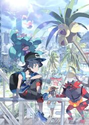 1boy 3girls 3others alolan_exeggutor alolan_form backpack bag baseball_cap bird black_eyes black_hair blue_shirt blue_shoes brown_hair building city dress drink drinking_straw e_volution elio_(pokemon) eyewear_on_headwear gen_2_pokemon gen_7_pokemon hat highres holding holding_drink incineroar long_hair mantine mareanie multiple_girls multiple_others nintendo oricorio outdoors palm_tree pokemon pokemon_center pokemon_sm shirt shoes shorts sightseer_(pokemon) skyscraper smile solo_focus strapless strapless_dress striped_clothes sun_hat sunglasses t-shirt tree z-ring