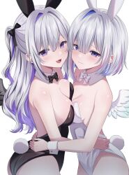2girls alternate_costume amane_kanata amane_konata angel_wings animal_ear_hairband animal_ears black_bow black_bowtie black_leotard black_wings blue_hair blush bow bowtie breast_press breasts cleavage detached_collar fake_animal_ears feathered_wings grey_hair hair_bow hair_intakes hairband hashtag-only_commentary highres hololive hug large_breasts leotard long_hair looking_at_viewer mini_wings multicolored_hair multiple_girls nametakeko pink_hair playboy_bunny purple_eyes purple_hair rabbit_ear_hairband rabbit_ears rabbit_tail short_hair siblings simple_background single_hair_intake sisters small_breasts smile strapless strapless_leotard streaked_hair symmetrical_docking tail twins two_side_up virtual_youtuber white_background white_bow white_bowtie white_leotard white_wings white_wrist_cuffs wings wrist_cuffs