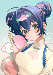 1girl bead_bracelet beads belle_(zenless_zone_zero) blue_hair blush bow bracelet breasts china_dress chinese_clothes choco_c14 cleavage_cutout closed_mouth clothing_cutout covered_erect_nipples crossed_bangs double_bun dress food food-themed_hair_ornament fruit green_eyes hair_between_eyes hair_bow hair_bun hair_ornament heart_cutout jewelry long_sleeves looking_at_viewer medium_breasts official_alternate_costume peach peach_hair_ornament pink_bow simple_background solo upper_body zenless_zone_zero