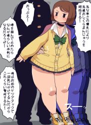 1girl absurdres black_eyes brown_hair forehead freckles green_ribbon hands_on_another&#039;s_chest highres jitome jk_mob-chan_(minami_aomori) minami_aomori neck_collar original ribbon school_uniform shoes short_hair standing talking thighs wince yellow_shoes
