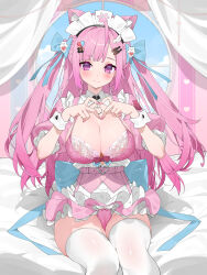 Rule 34 | 1girl, ahoge, animal ears, bandaid, bandaid hair ornament, bed sheet, belt, black choker, blue bow, blush, bow, bow panties, bra, braid, breasts, cat choker, cat ears, cat girl, choker, cleavage, closed mouth, crossed bandaids, day, extra ears, fingernails, fish hair ornament, ghost hair ornament, hair bow, hair ornament, hairclip, heart, heart hair ornament, heart hands, highres, indie virtual youtuber, indoors, large breasts, long hair, looking at viewer, maid, maid headdress, nail polish, panties, paw print, pink belt, pink bow, pink bra, pink eyes, pink hair, pink nails, pink panties, pink shirt, pink skirt, shiny skin, shirt, short sleeves, sitting, skirt, smile, solo, thighhighs, thighs, two side up, underwear, virtual youtuber, waterring, white thighhighs, white wrist cuffs, wing hair ornament, wrist cuffs, yuuki sakuna, yuuki sakuna (1st costume)