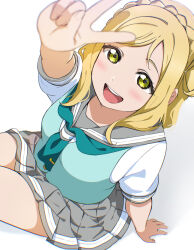 1girl absurdres birthday blonde_hair blush commentary english_commentary from_above grey_sailor_collar grey_skirt hair_rings highres icehotmilktea looking_at_viewer love_live! love_live!_sunshine!! medium_hair ohara_mari open_mouth sailor_collar school_uniform shirt sidelocks single_hair_ring sitting skirt smile uranohoshi_school_uniform v vest white_shirt yellow_eyes