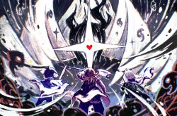 Rule 34 | 1boy, 1girl, 3others, angel wings, animal ears, asymmetrical horns, axe, battle axe, commentary, covering face, cup, deltarune, eldritch abomination, english commentary, feathered wings, fetus, fighting stance, glowing, goat boy, goat ears, goat horns, head wings, highres, holding, holding axe, holding cup, holding weapon, horns, kris (dark world) (deltarune), kris (deltarune), light particles, living shadow, monster, multiple others, multiple wings, one-eyed, ralsei, reptile girl, ryuh (asahina neru), scarf, short tail, soul (deltarune), sparkle, spoilers, susie (dark world) (deltarune), susie (deltarune), sword, tail, titan (deltarune), umbrakinesis, weapon, wind, wings